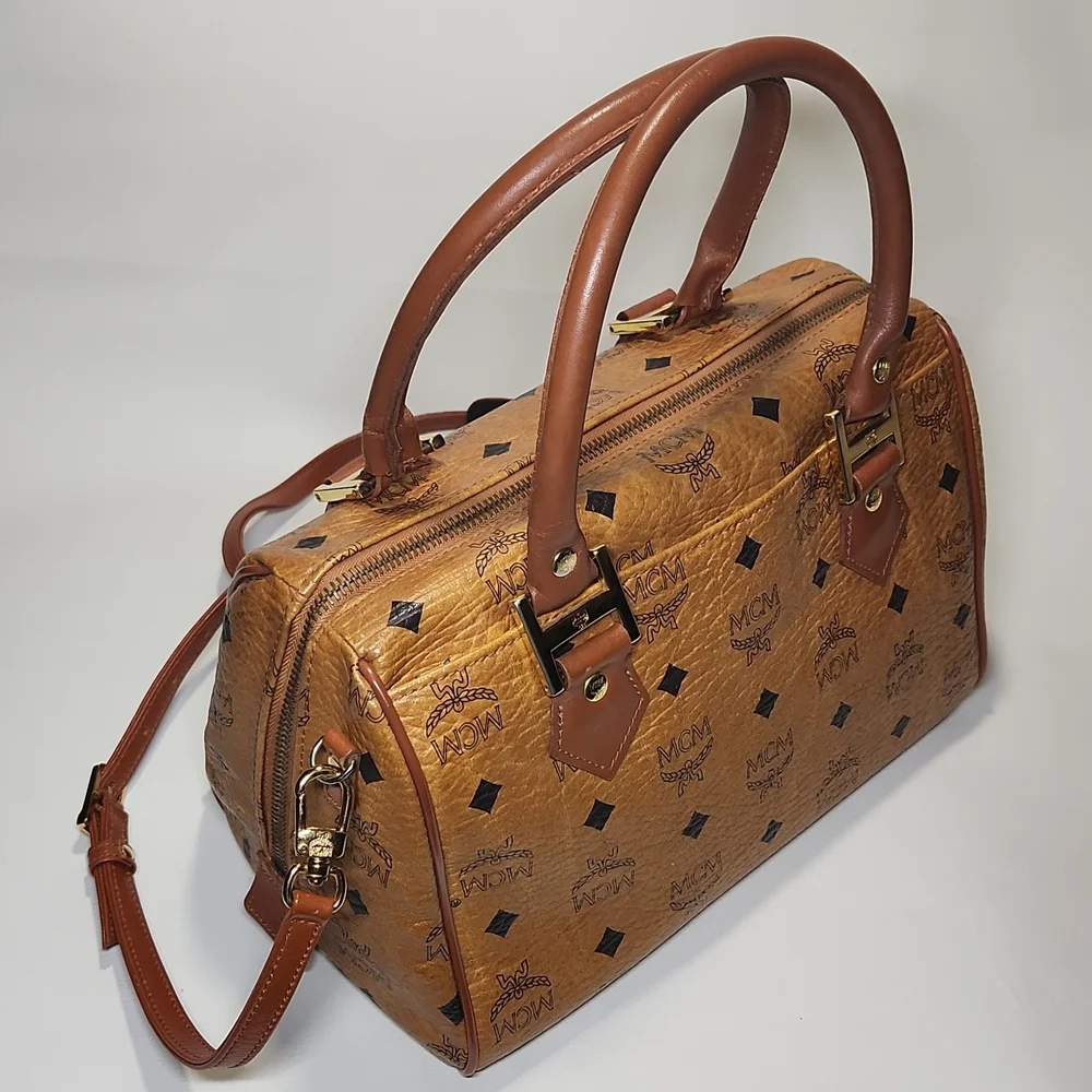 Authentic MCM Monogram Vintage Speedy Bag Cognac Visetos w/ Crossbody Strap